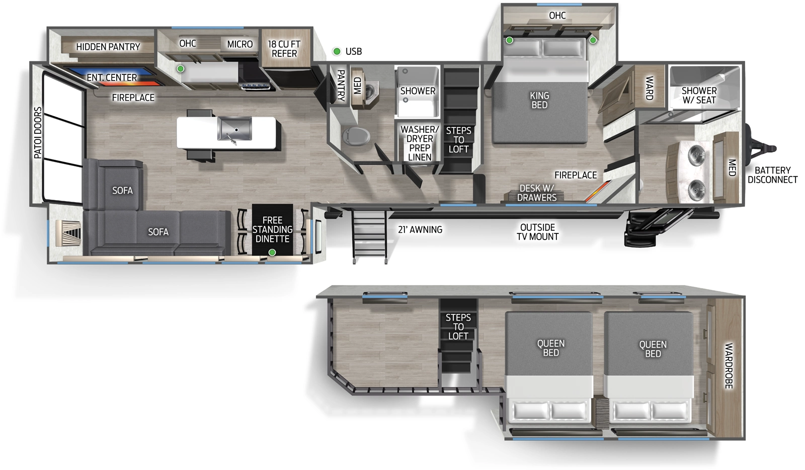 The Cascade 39JMC floorplan has two entries and three slide outs. Exterior features include: metal exterior and 21' awning. Interiors features include: loft, kitchen island, free-standing dinette option, rear living and two full bathrooms.